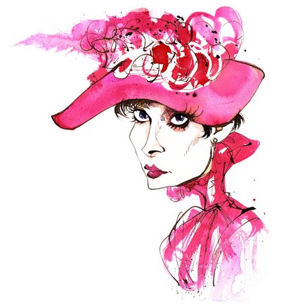 Audrey Hepburn (Belgisch geboren actrice, 1929-93) gekarikaturiseerd als Eliza Doolittle uit My Fair Lady (1964 film geregisseerd door George Cukor); karikatuur door Neale Osborne